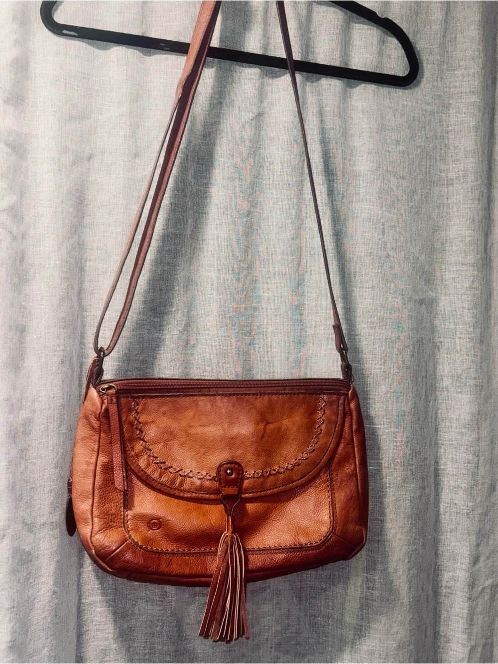 Born Leather Crossbody Bag in Cognac Brown with Tassel